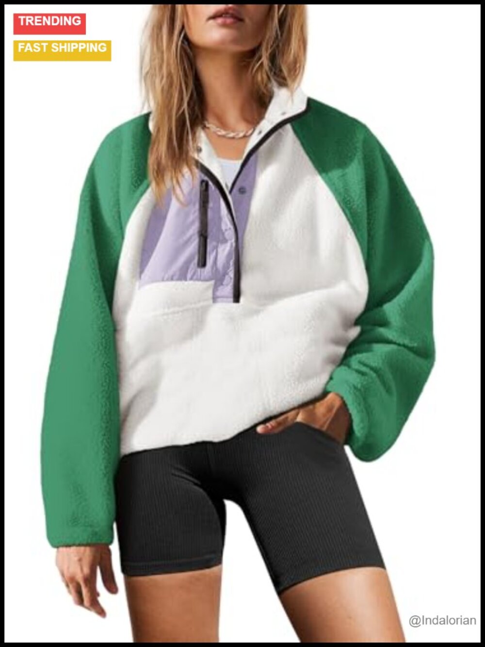 Womens Sherpa Fleece Pullover Sweatshirt Quarter Button Pockets Loose Fit
